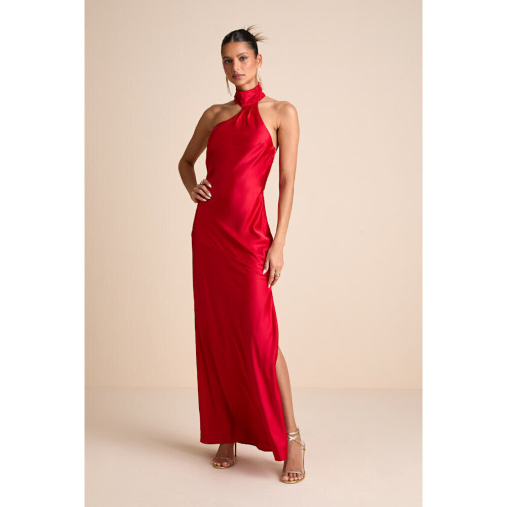 Lulus Madalena Red Satin Cowl Back Maxi Dress - Size M